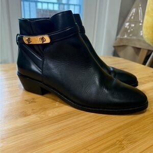 Coach Colleen Black Leather Ankle Boots with Gold Buckle 9 Quiet Luxury Preppy